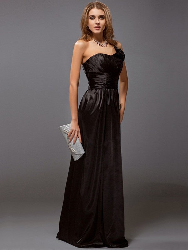 Sheath/Column One-Shoulder Sleeveless Ruffles Long Satin Bridesmaid Dresses CICIP0005611