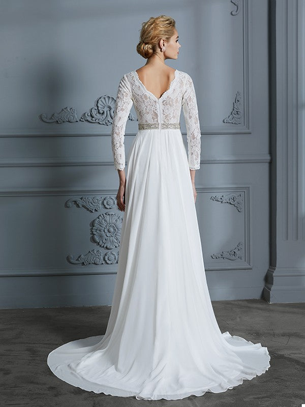 A-Line/Princess 3/4 Sleeves V-neck Lace Sweep/Brush Train Chiffon Wedding Dresses CICIP0006390