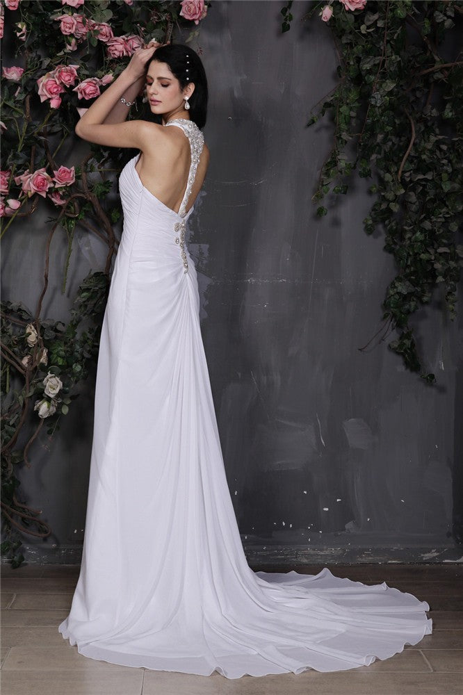 Sheath/Column Halter Sleeveless Beading Ruffles Long Chiffon Wedding Dresses CICIP0006893