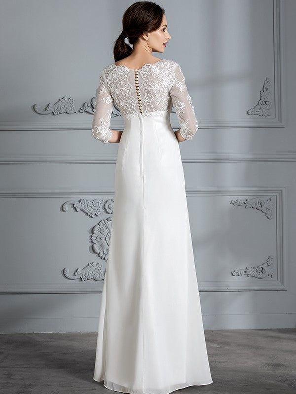 Sheath/Column V-neck 3/4 Sleeves Chiffon Floor-Length Wedding Dresses CICIP0006363