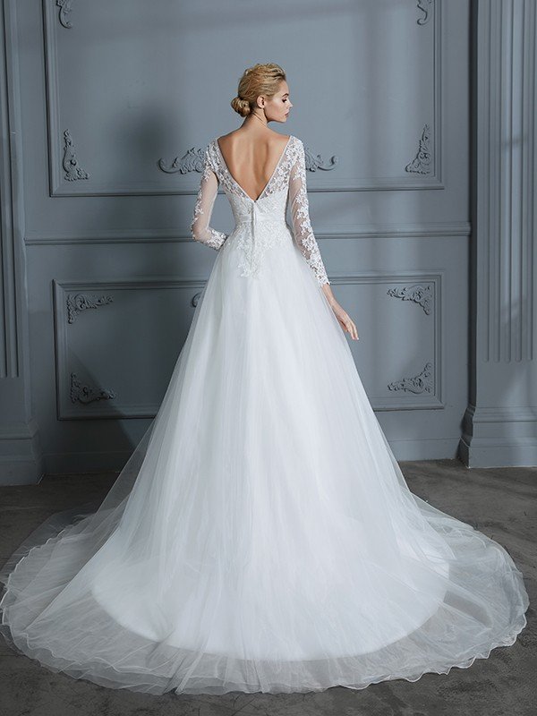 Ball Gown V-neck Long Sleeves Court Train Lace Tulle Wedding Dresses CICIP0006228