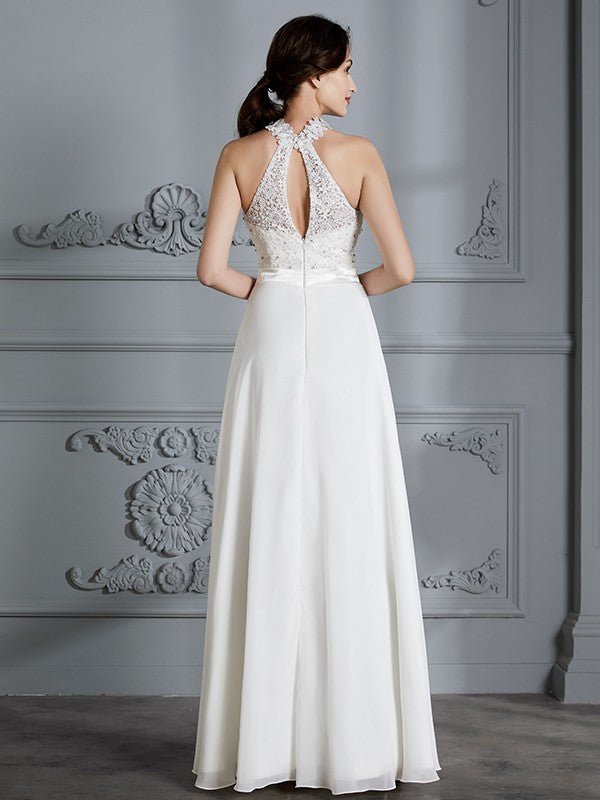 A-Line/Princess Scoop Sleeveless Floor-Length Chiffon Wedding Dresses CICIP0006361