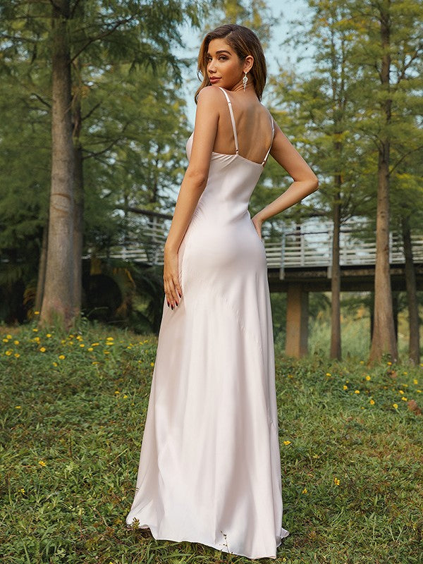 Sheath/Column Charmeuse Ruched Spaghetti Straps Sleeveless Sweep/Brush Train Bridesmaid Dresses CICIP0005001