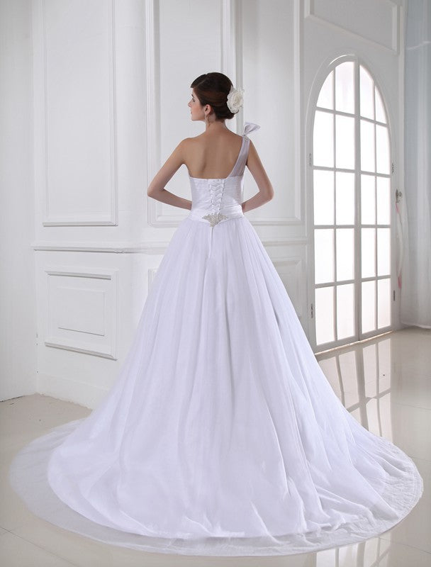 Ball Gown Beading One-shoulder Sleeveless Satin Tulle Wedding Dresses CICIP0006941