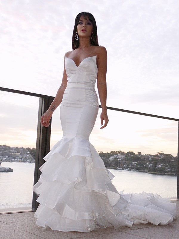 Trumpet/Mermaid Satin Sweetheart Sleeveless Layers Sweep/Brush Train Wedding Dresses CICIP0006372