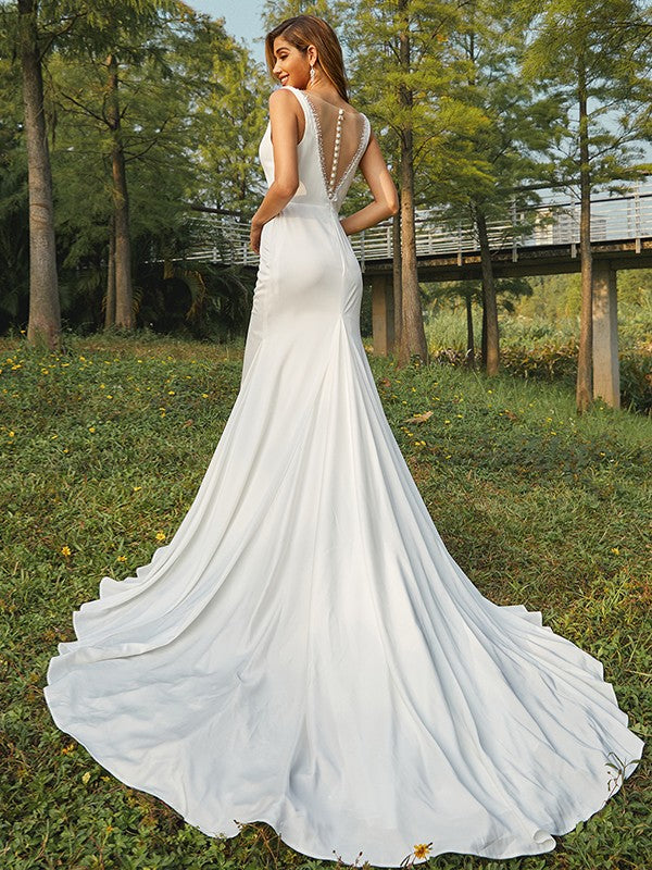 Sheath/Column Charmeuse Beading Scoop Sleeveless Sweep/Brush Train Wedding Dresses CICIP0006366