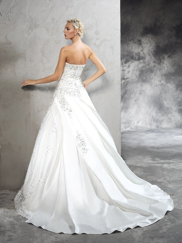 Ball Gown Strapless Beading Sleeveless Long Satin Wedding Dresses CICIP0006385