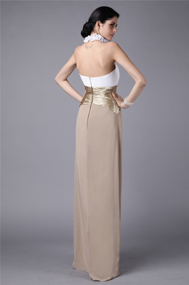 Sheath/Column High Neck Sleeveless Pleats Ruffles Long Elastic Woven Satin Chiffon Bridesmaid Dresses CICIP0005665