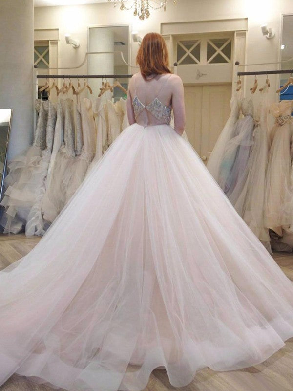 Ball Gown Spaghetti Straps Sleeveless Crystal Court Train Tulle Wedding Dresses CICIP0006122