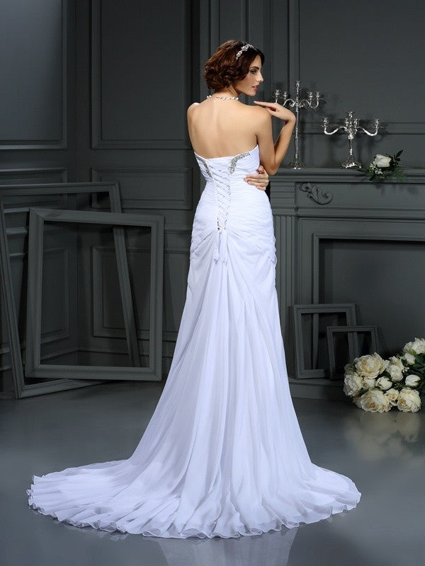 Sheath/Column Sweetheart Beading Sleeveless Long Chiffon Wedding Dresses CICIP0006704