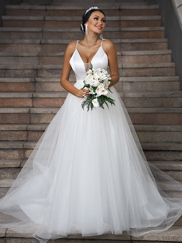 A-Line/Princess Tulle Ruffles V-neck Sleeveless Sweep/Brush Train Wedding Dresses CICIP0006579