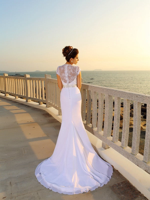 Sheath/Column V-neck Beading Sleeveless Long Chiffon Beach Wedding Dresses CICIP0006314