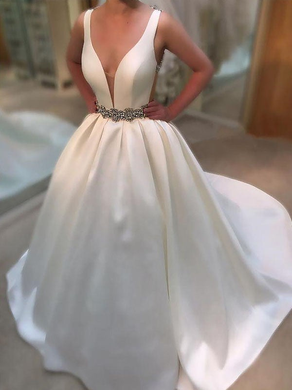 A-Line/Princess Court Train Satin V-neck Sleeveless Wedding Dresses CICIP0006163