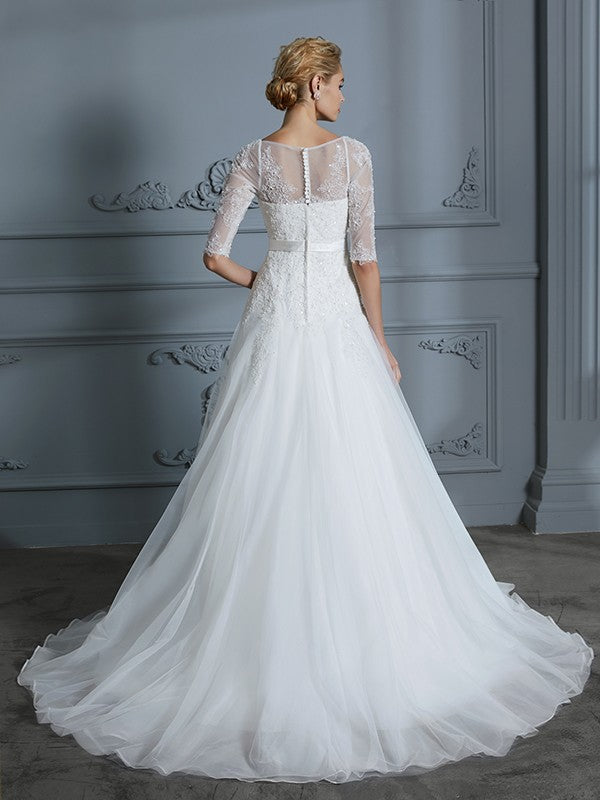 A-Line/Princess 1/2 Sleeves Scoop Lace Court Train Tulle Wedding Dresses CICIP0006509