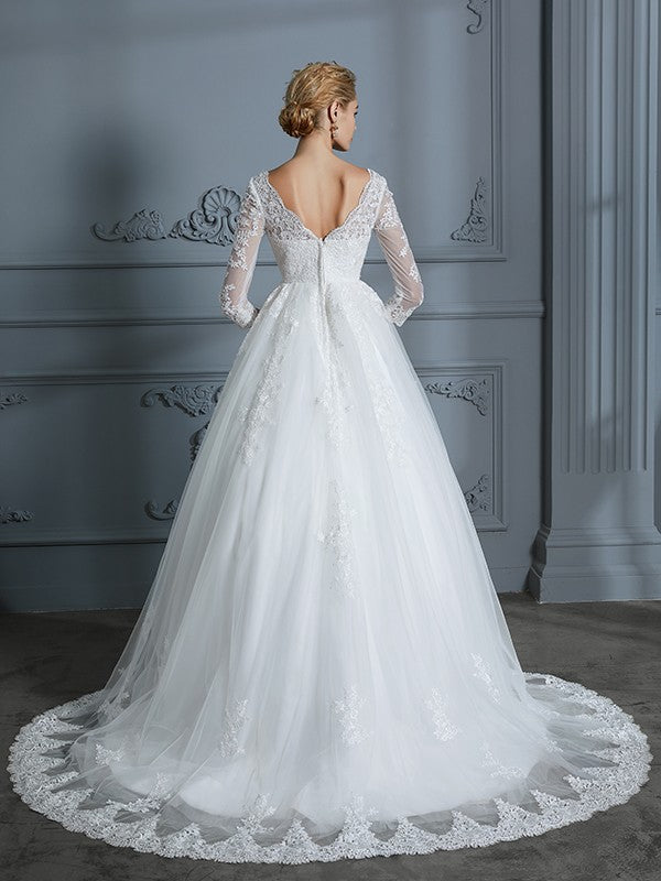 Ball Gown V-neck 3/4 Sleeves Court Train Lace Tulle Wedding Dresses CICIP0006428