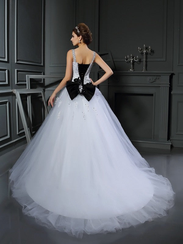 Ball Gown Straps Beading Sleeveless Long Tulle Wedding Dresses CICIP0006436