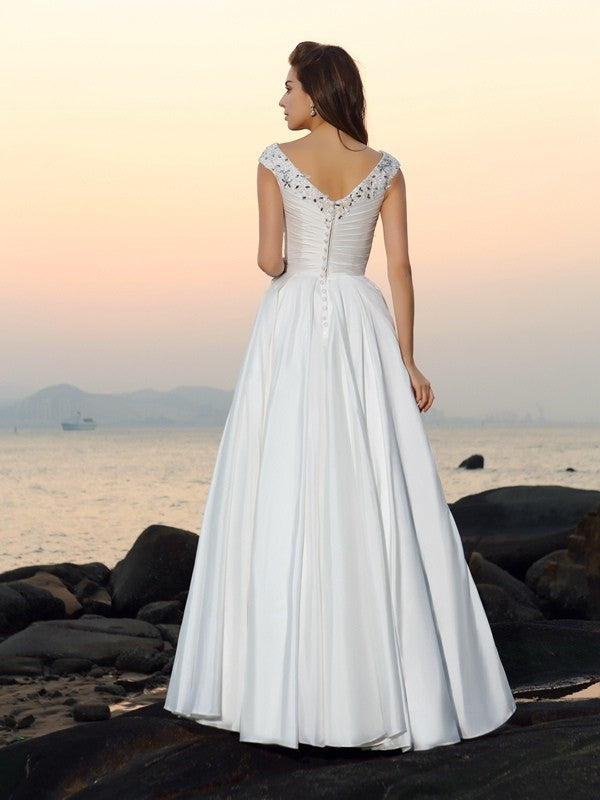 A-Line/Princess V-neck Beading Sleeveless Long Taffeta Beach Wedding Dresses CICIP0006380