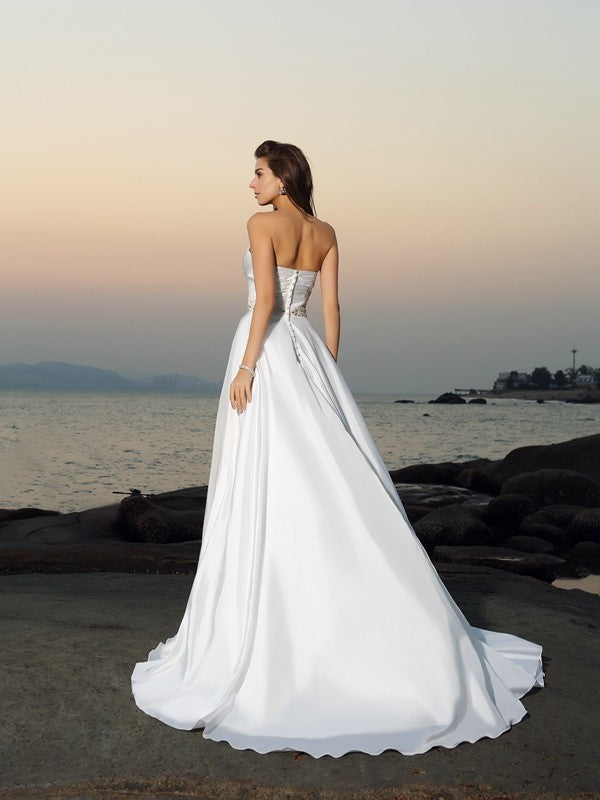 A-Line/Princess Sweetheart Beading Sleeveless Long Taffeta Beach Wedding Dresses CICIP0006243