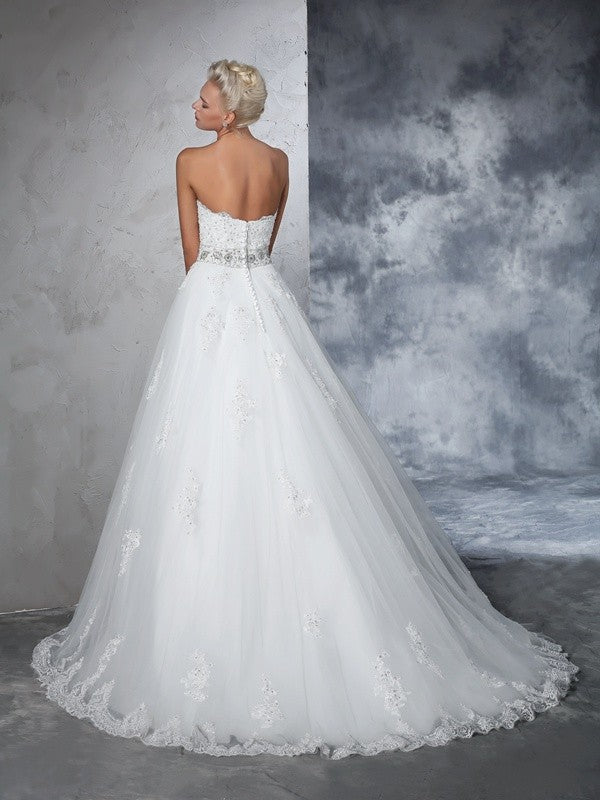 Ball Gown Sweetheart Applique Sleeveless Long Net Wedding Dresses CICIP0006719