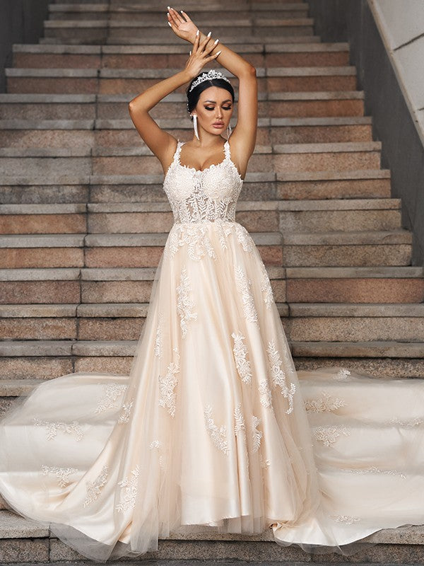 A-Line/Princess Tulle Applique Straps Sleeveless Court Train Wedding Dresses CICIP0006403