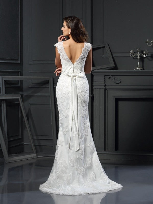 A-Line/Princess Bateau Lace Sleeveless Long Satin Wedding Dresses CICIP0006429