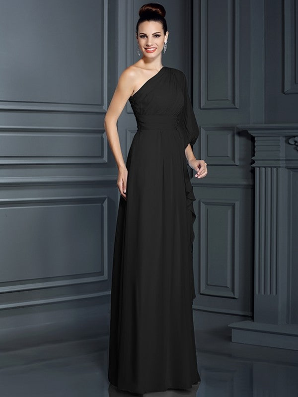 Sheath/Column One-Shoulder 3/4 Sleeves Long Chiffon Bridesmaid Dresses CICIP0005047