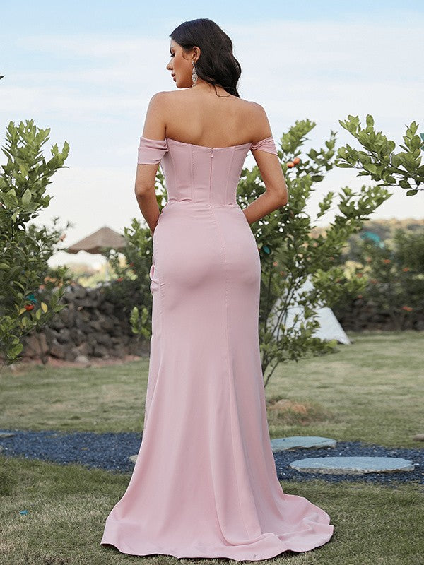 Sheath/Column Stretch Crepe Ruched Off-the-Shoulder Sleeveless Sweep/Brush Train Bridesmaid Dresses CICIP0004910