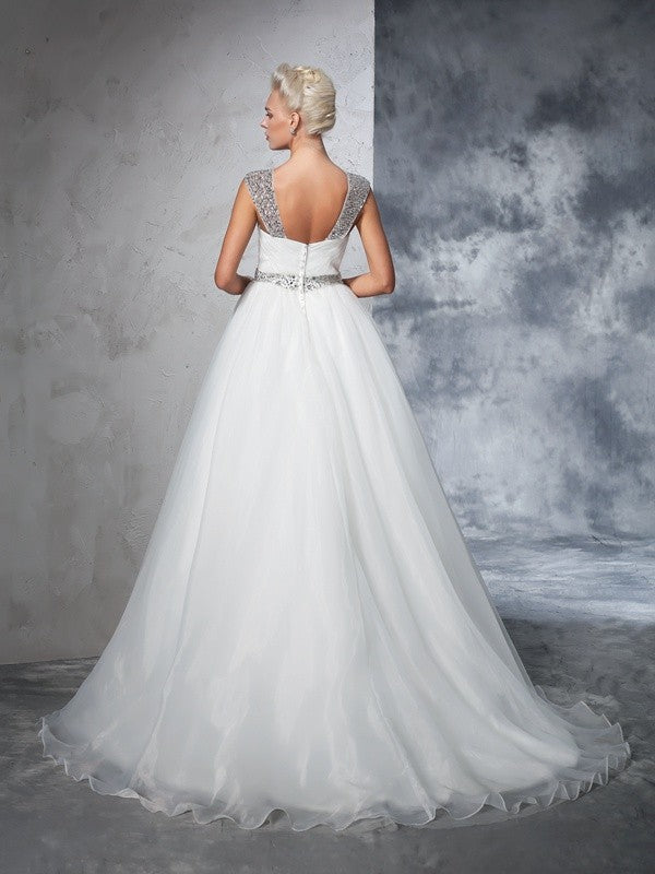 Ball Gown Straps Ruched Sleeveless Long Net Wedding Dresses CICIP0006544