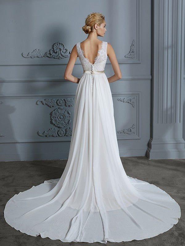 A-Line/Princess Sleeveless V-neck Chiffon Court Train Wedding Dresses CICIP0006288