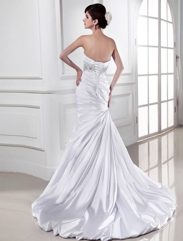 Trumpet/Mermaid Beading Sweetheart Sleeveless Elastic Woven Satin Wedding Dresses CICIP0006725