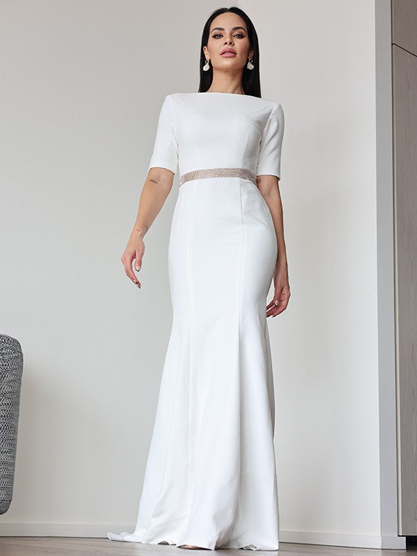 Sheath/Column Stretch Crepe Ruched Scoop 1/2 Sleeves Sweep/Brush Train Wedding Dresses CICIP0007027