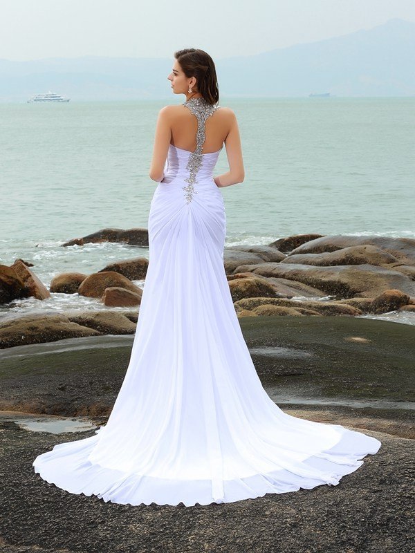 Sheath/Column Straps Beading Sleeveless Long Chiffon Beach Wedding Dresses CICIP0006130