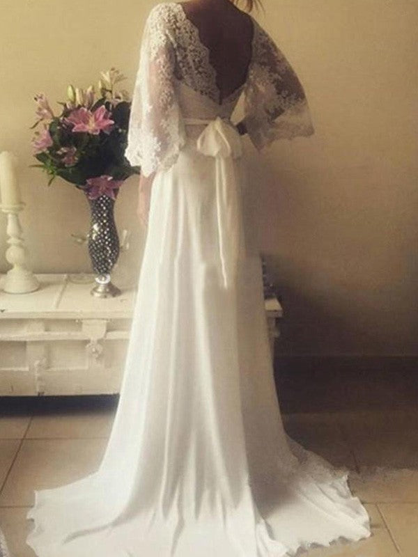 A-Line/Princess V-neck Long Sleeves Sash/Ribbon/Belt Court Train Lace Wedding Dresses CICIP0006265