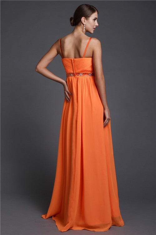 A-Line/Princess Spaghetti Straps Sleeveless Beading Long Chiffon Dresses CICIP0004454