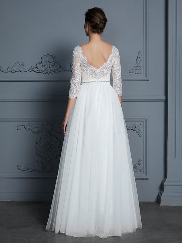 A-Line/Princess V-neck 3/4 Sleeves Floor-Length Lace Tulle Wedding Dresses CICIP0006306