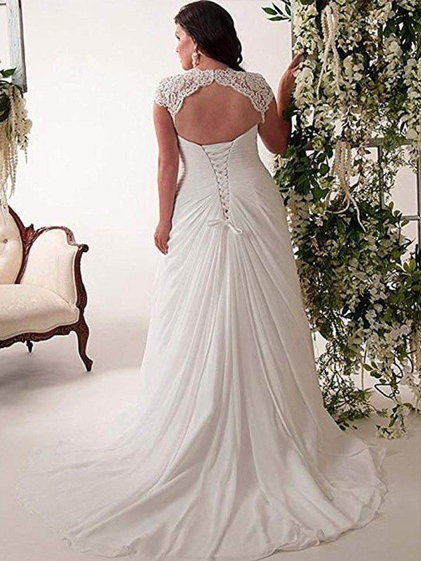 Empire Sweetheart Sleeveless Lace Sweep/Brush Train Chiffon Plus Size Wedding Dresses CICIP0006217