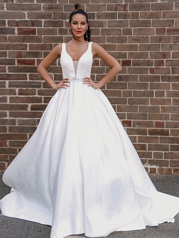 A-Line/Princess Satin V-neck Beading Sleeveless Court Train Wedding Dresses CICIP0006109