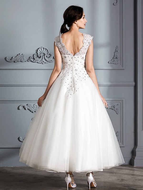 Ball Gown Scoop Sleeveless Tea-Length Tulle Wedding Dresses CICIP0006628