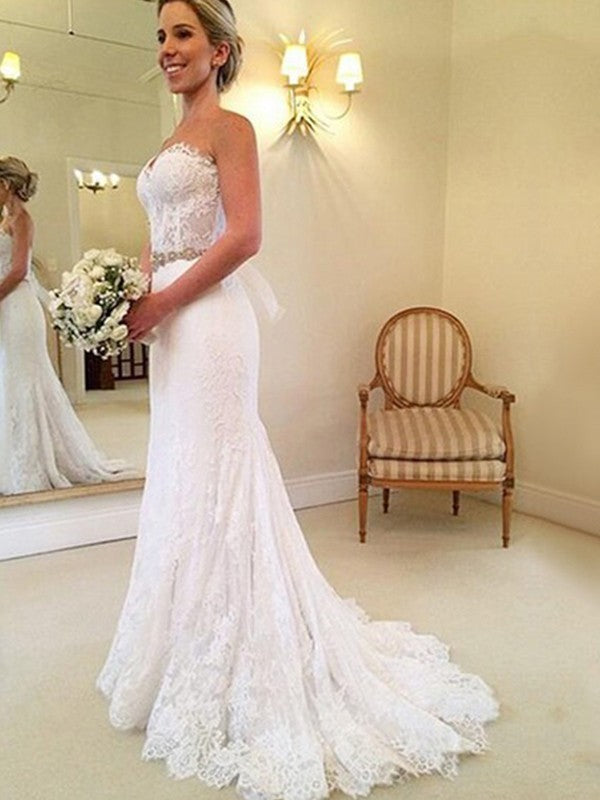 Sheath/Column Sweetheart Sleeveless Sweep/Brush Train Beading Lace Wedding Dresses CICIP0006222