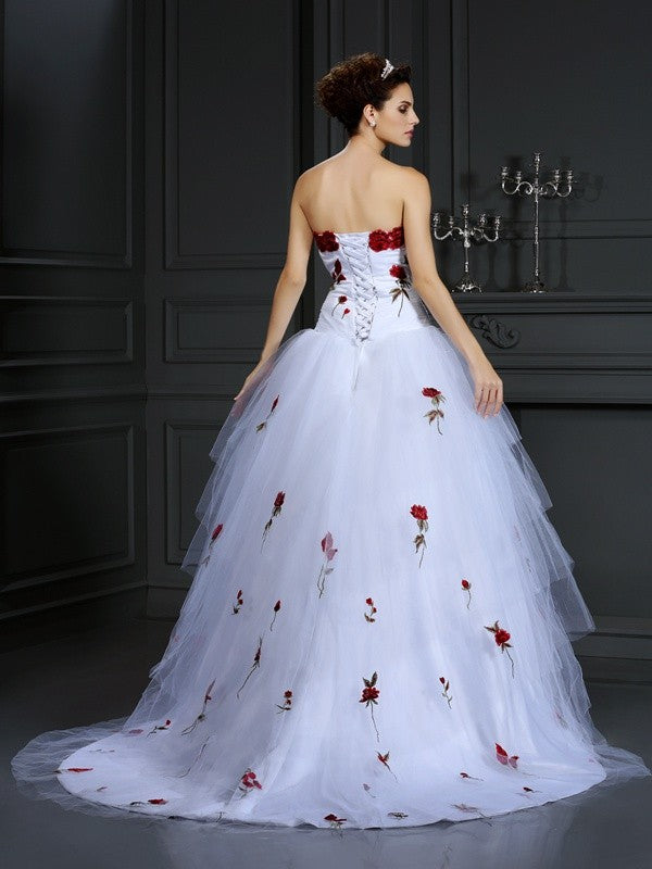 Ball Gown Strapless Hand-Made Flower Sleeveless Long Tulle Wedding Dresses CICIP0006378