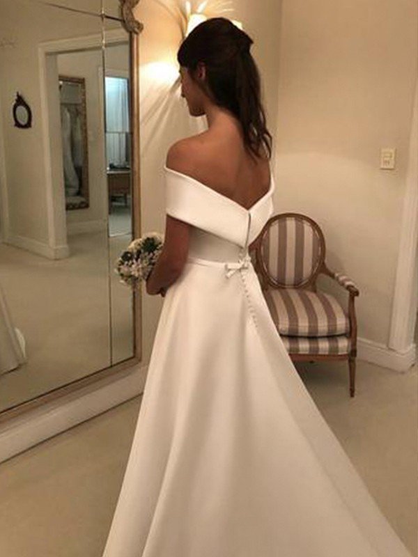 A-Line/Princess Off-the-Shoulder Sleeveless Sweep/Brush Train Ruffles Satin Wedding Dresses CICIP0005973