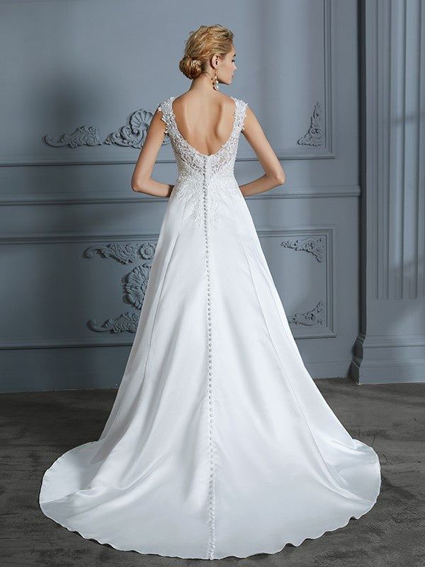 A-Line/Princess V-neck Sweep/Brush Train Sleeveless Applique Satin Wedding Dresses CICIP0006626