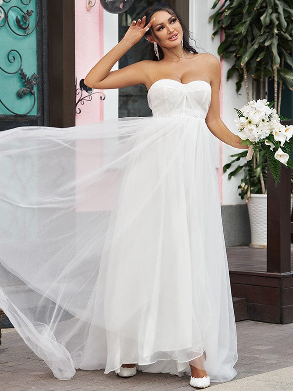 A-Line/Princess Tulle Ruffles Sweetheart Sleeveless Sweep/Brush Train Wedding Dresses CICIP0006504