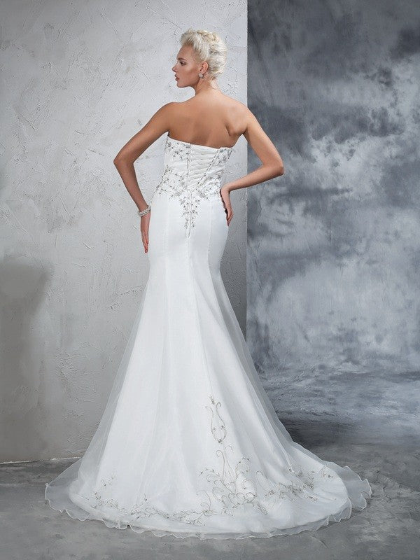 Trumpet/Mermaid Sweetheart Beading Sleeveless Long Satin Wedding Dresses CICIP0006464