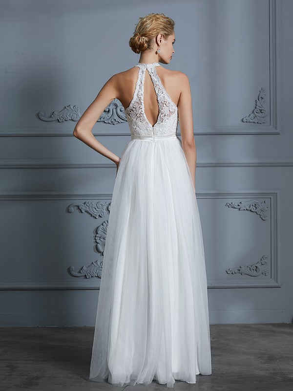 A-Line/Princess Scoop Sleeveless Tulle Floor-Length Wedding Dresses CICIP0006513