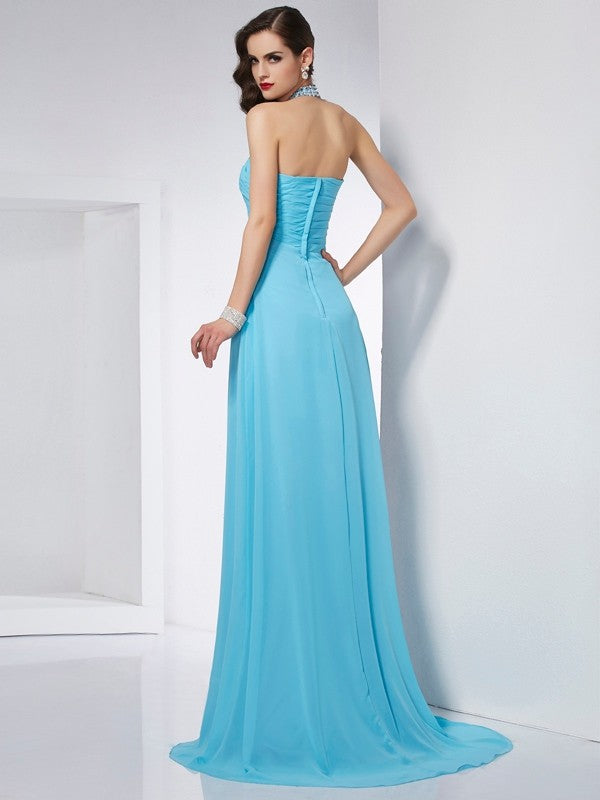 A-Line/Princess Halter Sleeveless Long Chiffon Dresses CICIP0004135