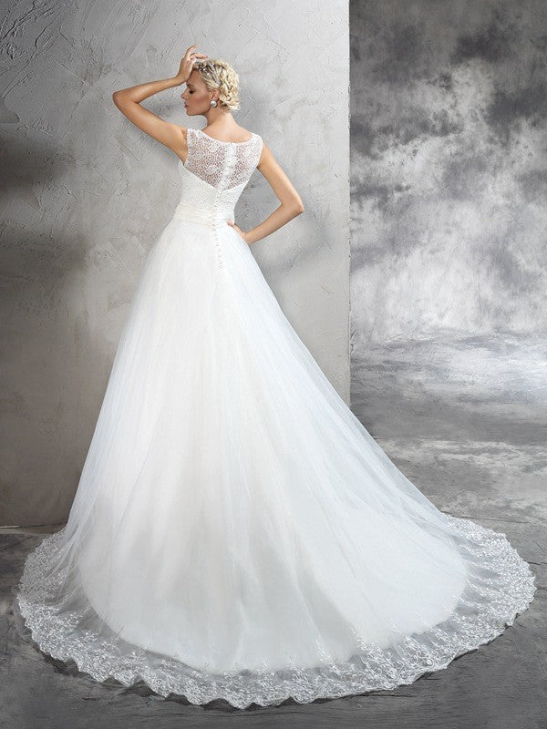 Ball Gown Sheer Neck Sash/Ribbon/Belt Sleeveless Long Net Wedding Dresses CICIP0006639