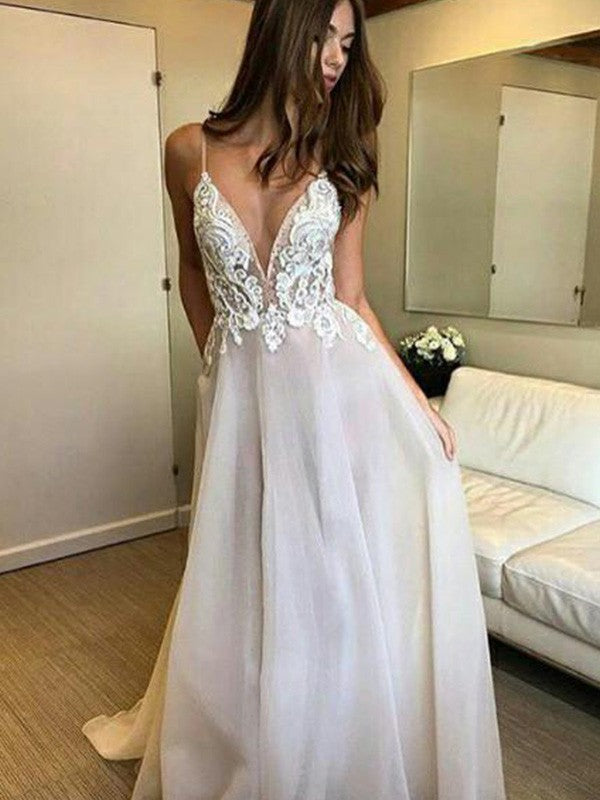 A-Line/Princess Sleeveless V-neck Sweep/Brush Train Spaghetti Straps Lace Organza Wedding Dresses CICIP0006522