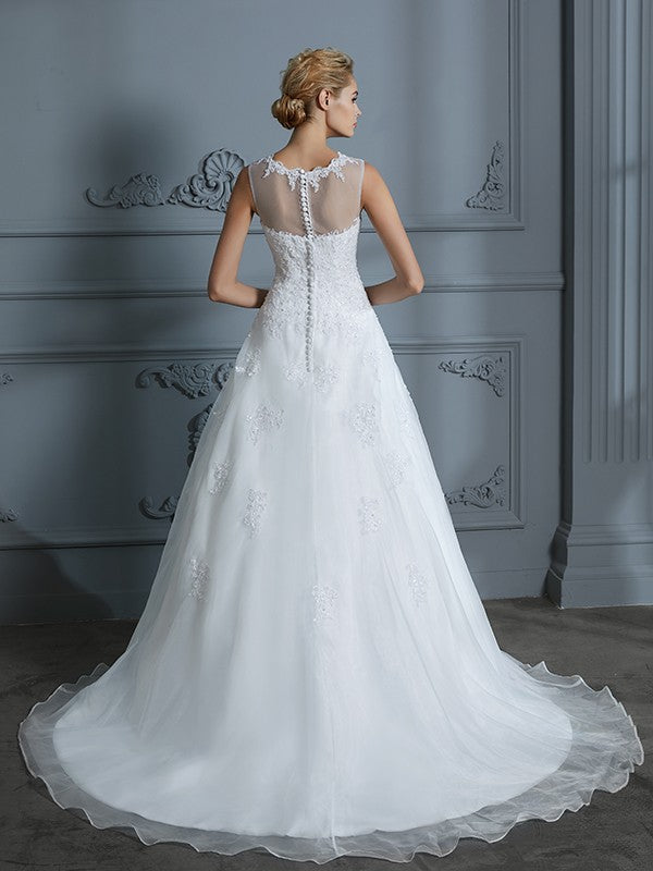 Ball Gown Scoop Sleeveless Organza Court Train Applique Wedding Dresses CICIP0006427