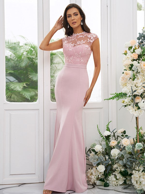 Trumpet/Mermaid Charmeuse Applique High Neck Sleeveless Floor-Length Bridesmaid Dresses CICIP0004924